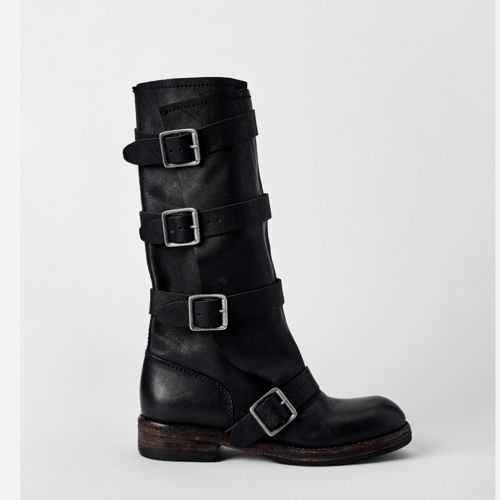 Zara Black Tall Leather Buckle Boots